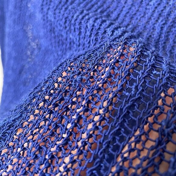 Eileen Fisher Blue Open Knit Linen Blend Asymmetrical Long Sleeve Top Size XS - Picture 7 of 8